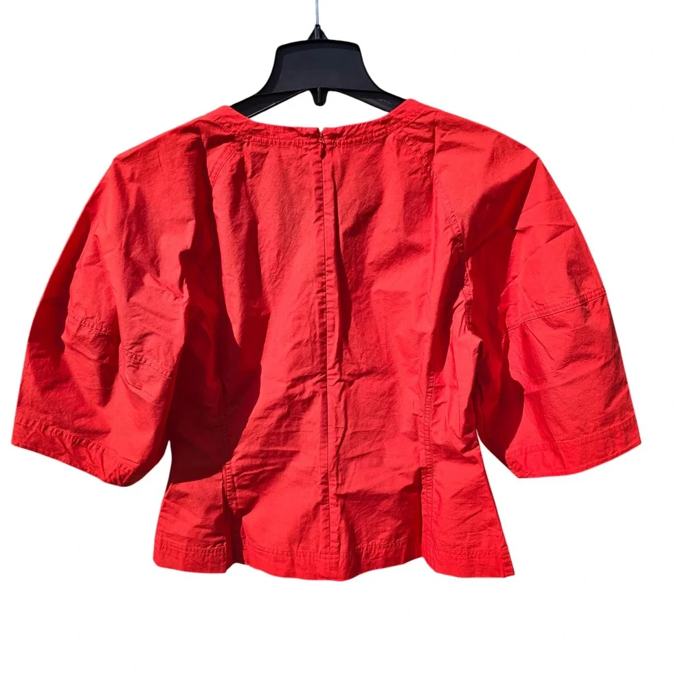 Madewell NWT Women Red V-Neck Puff Sleeve Cotton Poplin Top NZ527 Size 8